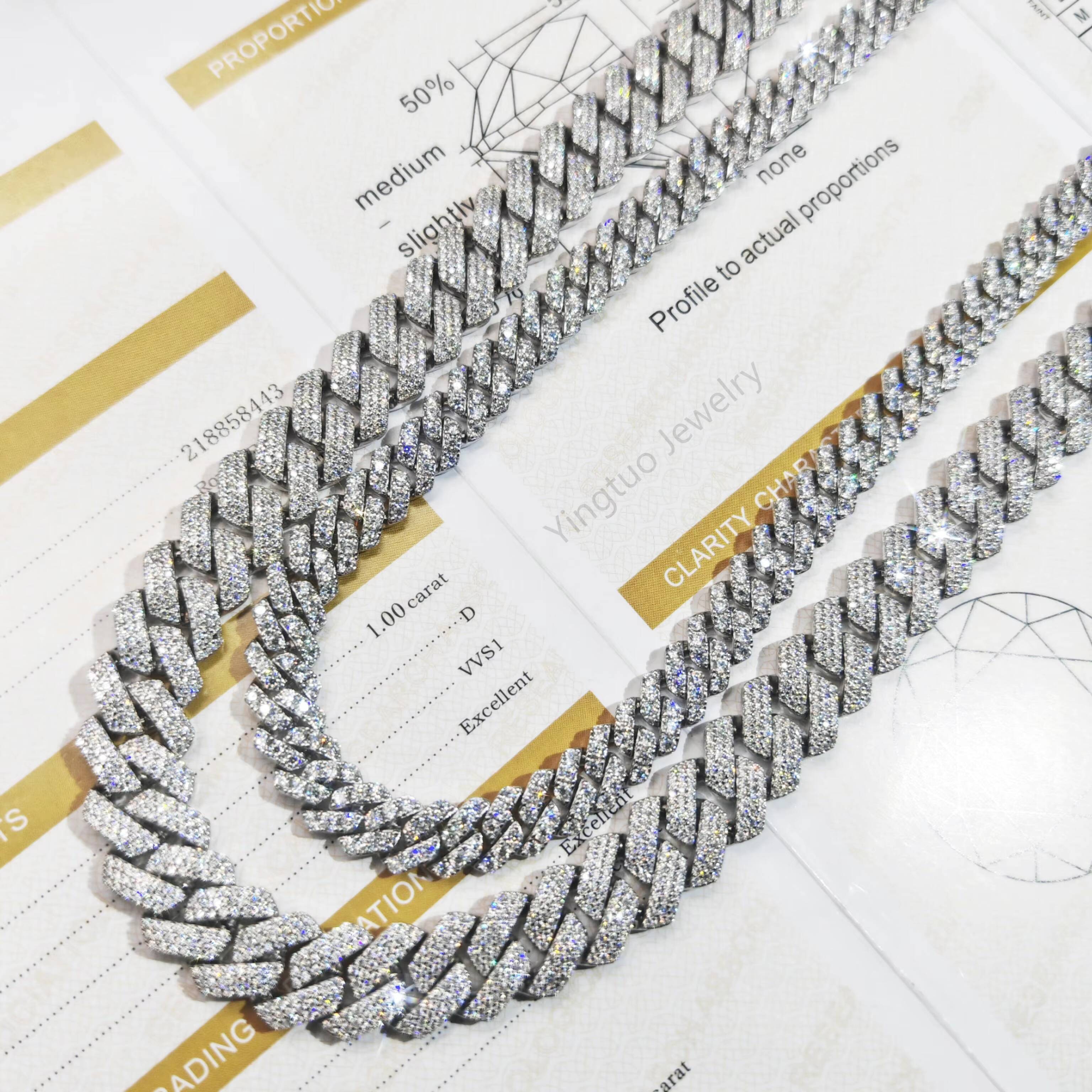 Luxury Hip Hop Style 925 Sterling Silver Moissanite Style Cuban Link Chain Fully Iced Out Chain Round Cut Diamond Chain for Men