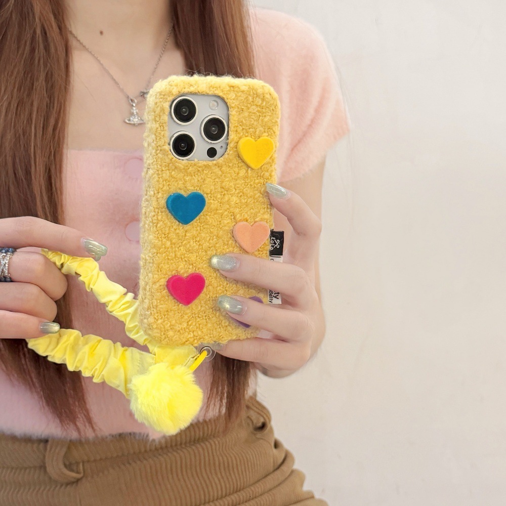 3D Colorful Heart Plush Phone Case Compatible with iPhone 17/16 Personalized Solid Color iPhone 15/14 Pro