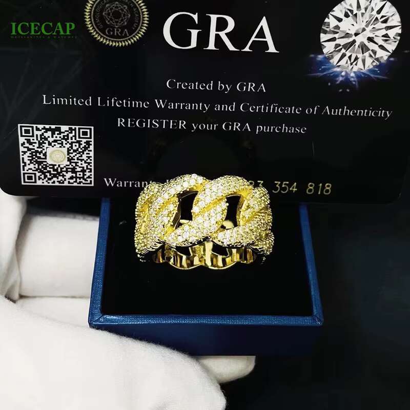 Iced Out Fashion Jewelry Hiphop Yellow Gold Plated 925 Sterling Silver VVS Moissanite Diamonds 3 Rows Cuban Ring for Men Women