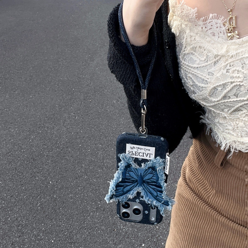 Denim Blue Butterfly Patch Phone Case Compatible with iPhone 17/16 Pro Solid Color Lanyard iPhone 15/14 Niche