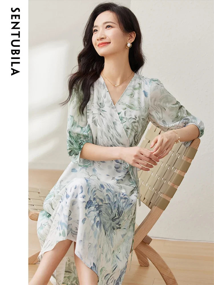 SENTUBILA Womens 100% Mulberry Silk Printed Dress Summer Elegant V-neck Lantern Sleeve Beach Midi Dress 132L50179 250401