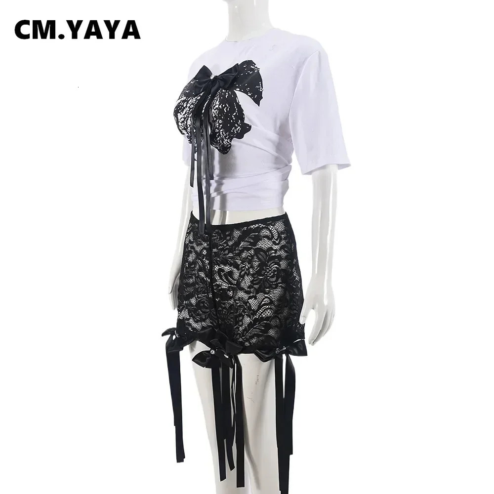CM. YAYA Womens Bow O-neck Short sleeved Top and Lace Short sleeved Set Casual Two piece Set Summer Sportswear 250402