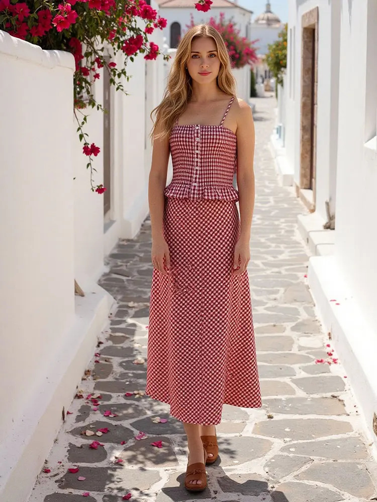 TRAFZA Plaid Skrits Set Womens Fashion Front Buckle Camis Top Elegant Midi Skirt Summer Womens Bohemian Vacation Set 250402