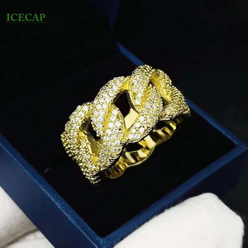 Iced Out Fashion Jewelry Hiphop Yellow Gold Plated 925 Sterling Silver VVS Moissanite Diamonds 3 Rows Cuban Ring for Men Women