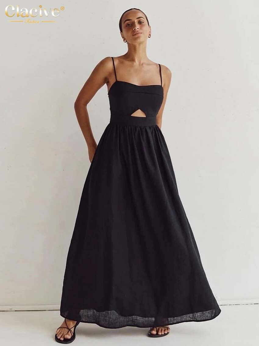 Clacive Sexy Loose Black Cotton Womens Dresses 2024 Summer Strap Sleeveless Ankle Length Elegant Hollow Out Female Dress