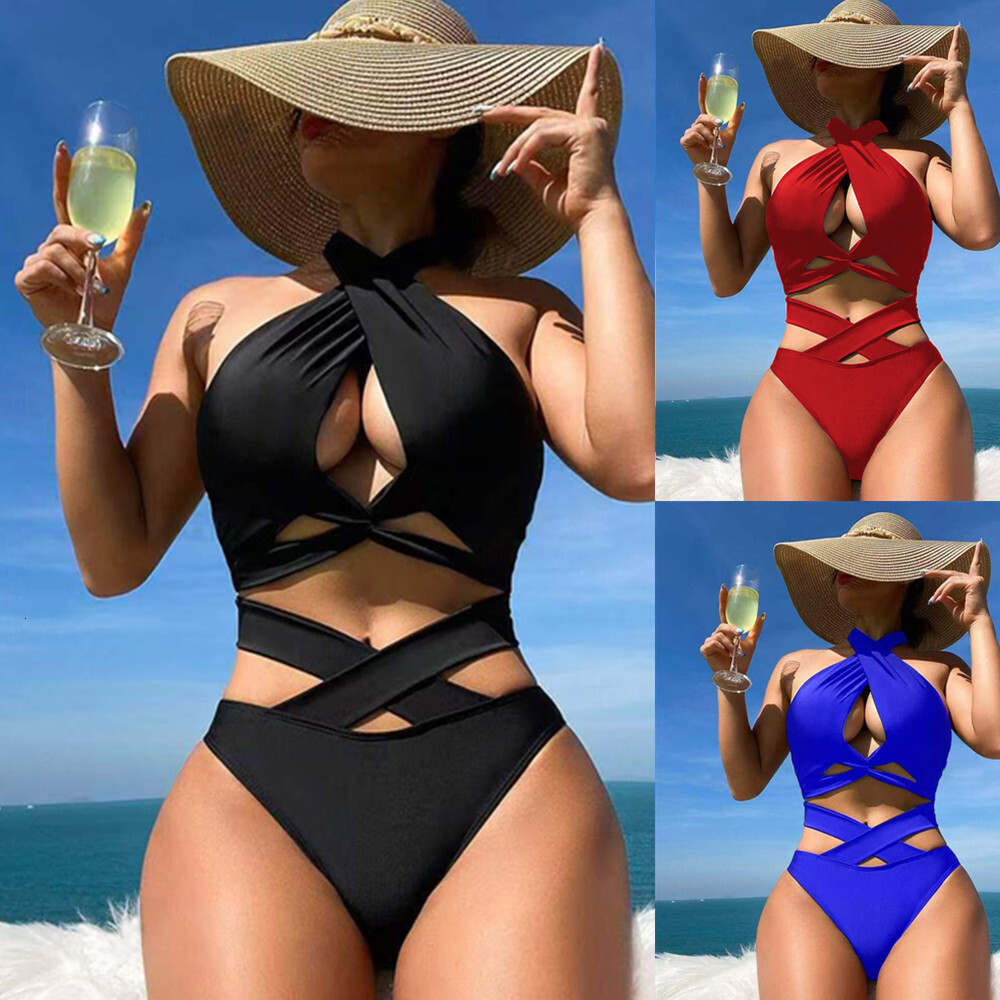 2025 new bikini women's neck hanging cross split two-piece set solid color backless sexy beach swimsuit