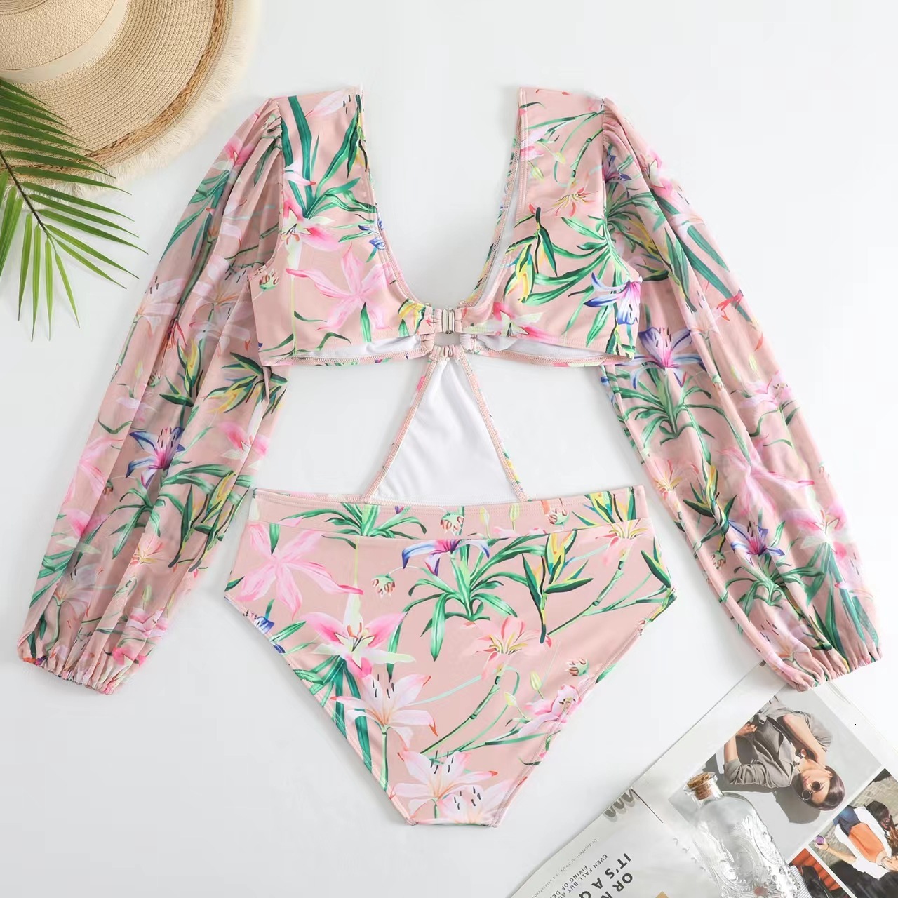 2025 new one-piece swimsuit women's French cover belly slimming sexy bubble sleeve wrapped skirt set