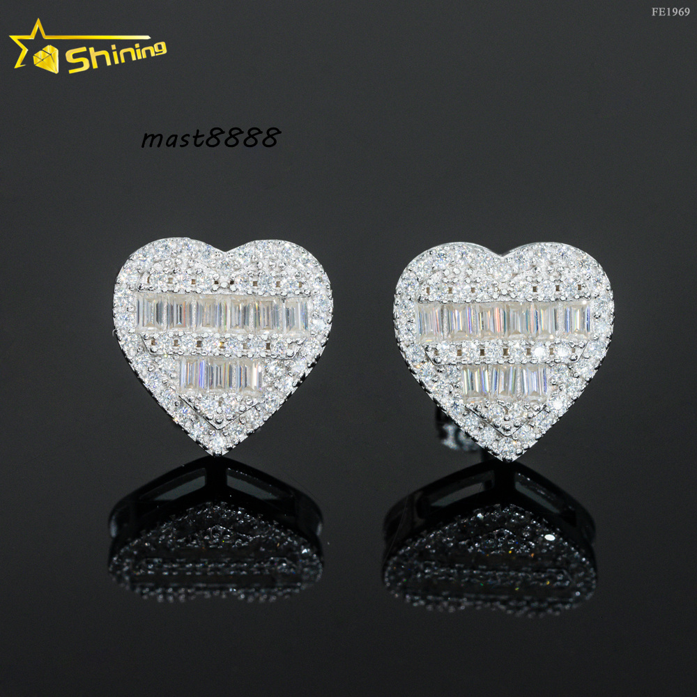 Ready to Ship Hiphop Jewelry 925 Sterling Silver Iced Out baguette Moissanite Diamond Stud Screw Back Earrings for Men