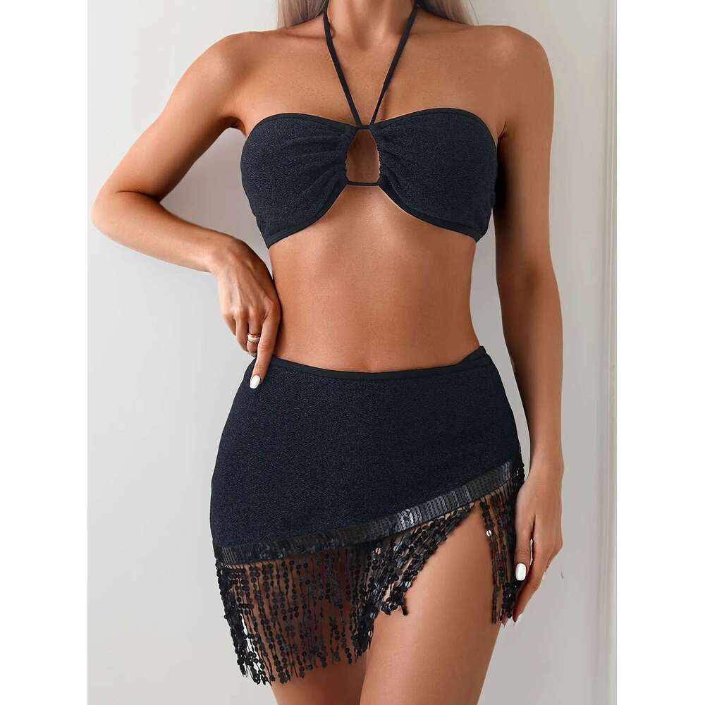 Solid Color Women's 3-Piece Tassel Skirt Swimsuit Sexy Halter Hollow Bikini Set High Waist Backless Beach Vacation Swimwear 2024