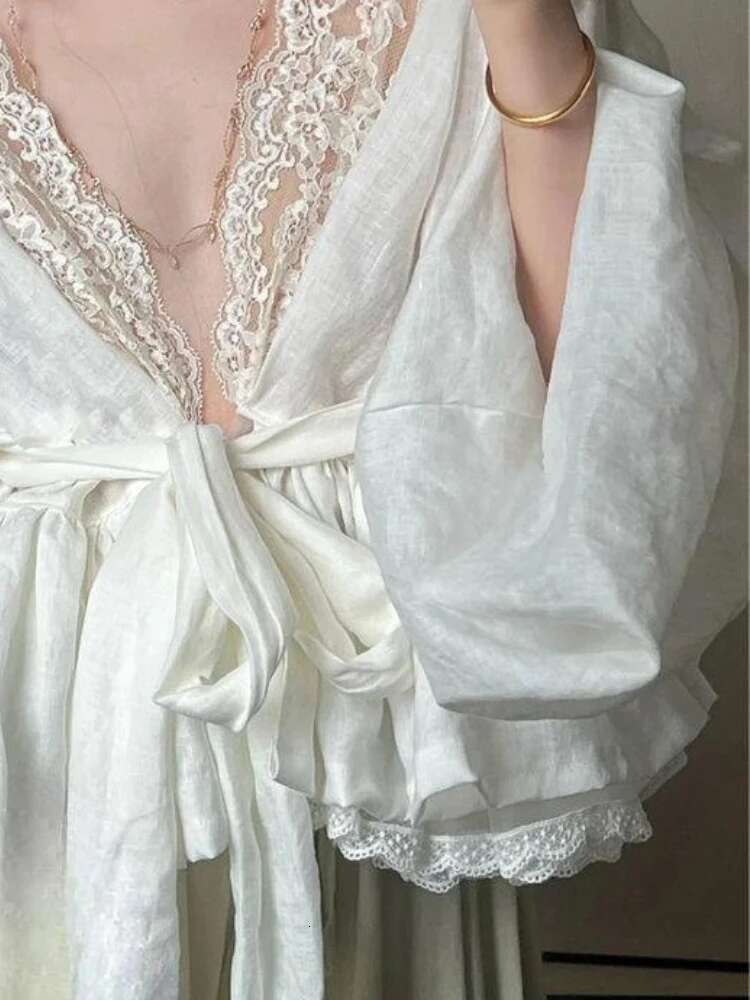 Sexy Lace Patchwork Women Blouses Korean Temperament Lady Tops 2025 Camisas De Mujer V-Neck Bandage Fashion Sweet Blouse Shirts