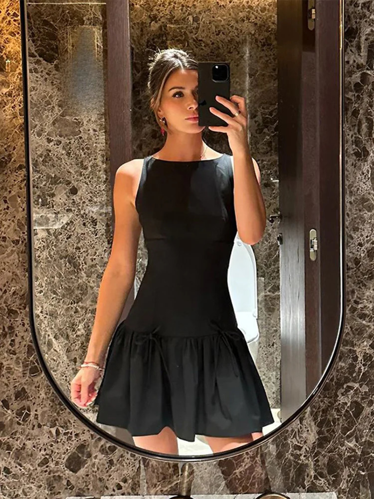 Fashionable Y2K butterfly pleated mini dress for women elegant sleeveless O-neck short skirt for women A-line high waisted evening gown 250402