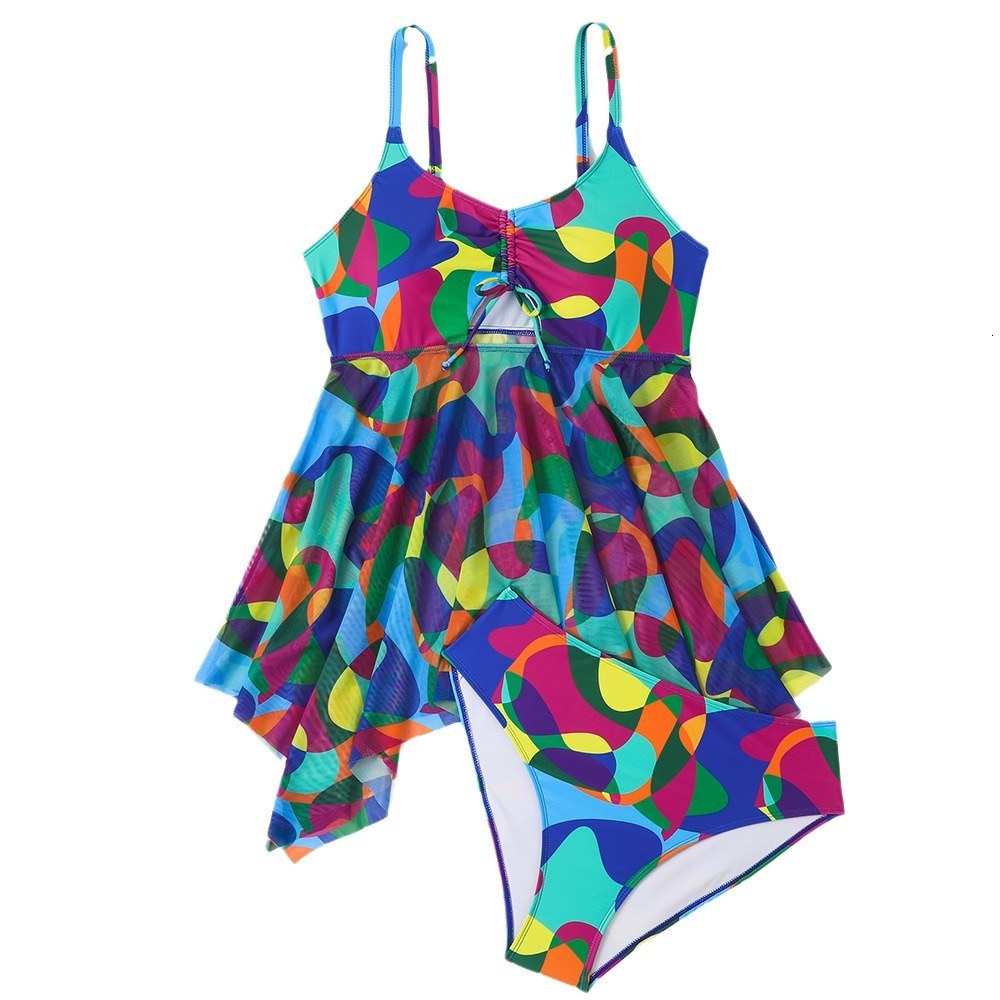 2025 new plus size printed split skirt two-piece set for fat women swimsuit