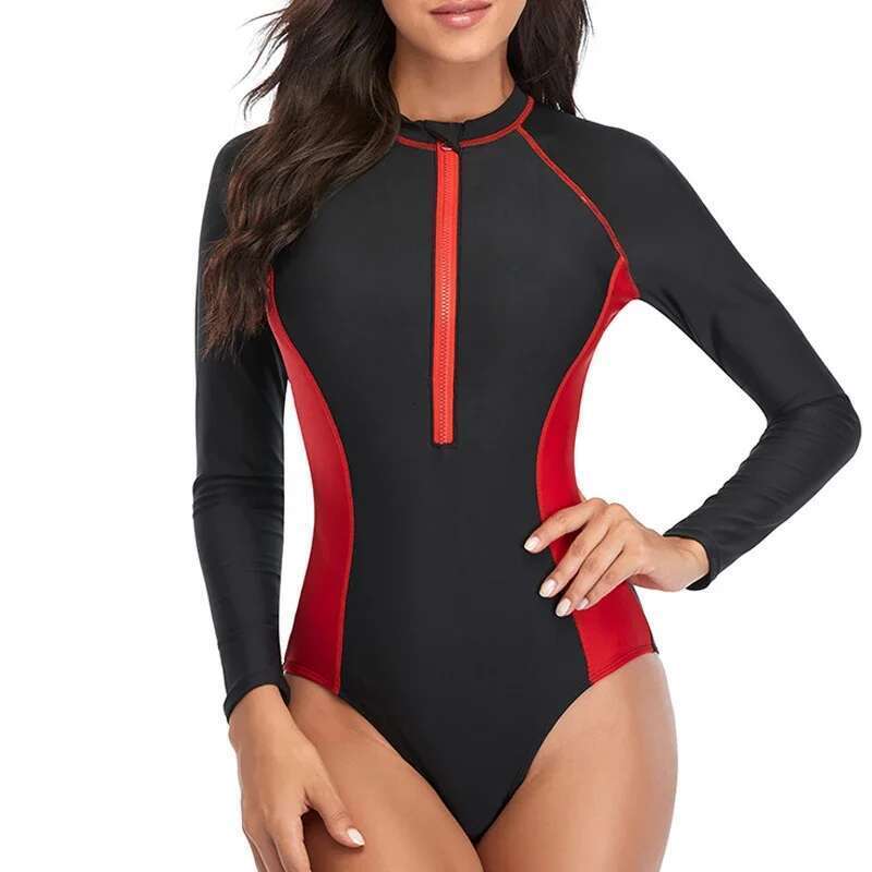 One-piece Swimsuit Women 2024 Long Sleeves Sunscreen Surf Wear Solid Color ing Zipper Conservative Summer Beach Swimwear
