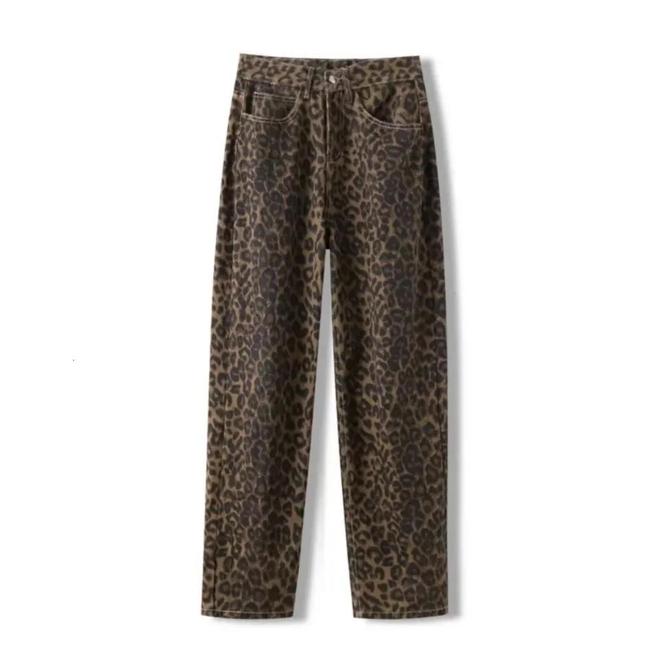 American vintage leopard print jeans female autumn winter n sense small straight tube overalls casual pants Z260313