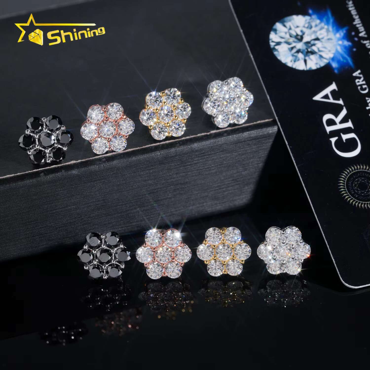 Hot Sale Trendy 12mm Cluster Flower Screw Back Stud Earrings Sier Gold Plated Black Moissanite Pass Dia Tester Earring