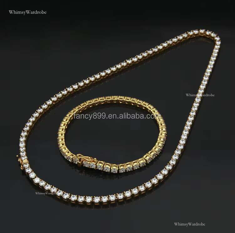 Stainless Steel Real Gold Plated Stone Necklace VVS Moissanite Tennis Chain