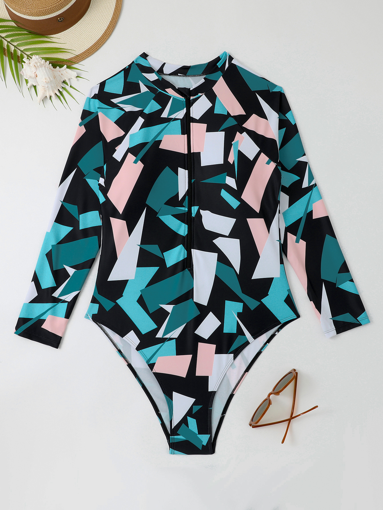 2025 new plus size one-piece long sleeved printed women's fat swimsuit