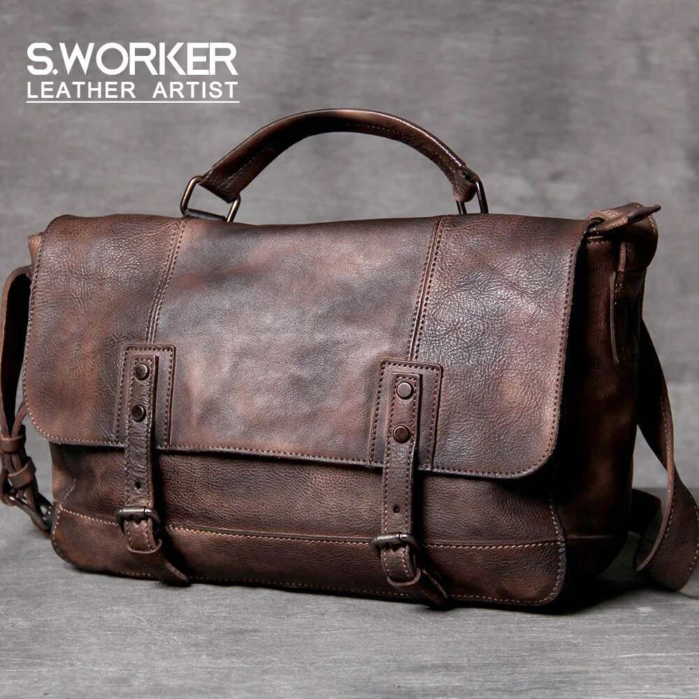 S.Worker Vintage Genuine Leather Men's Briefcase Cowhide Messenger Bag Plant Tainning Handbag Retro Casual Style
