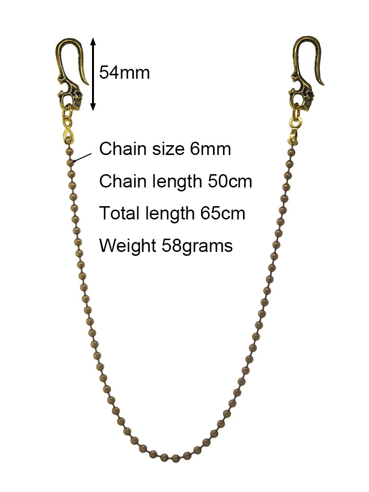26 inches Gothic brass Punk biker wallet jean trousers 6mm large ball chain keychain double pirate skull belt hook EDC Gift 251103