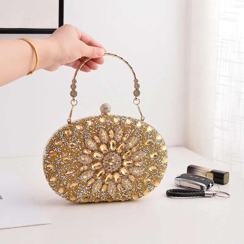Gold Round Bag Brand Rhie Clutch Bags For Women 2024 Crystals Party Purses Dia Designer Crossbody Handbags