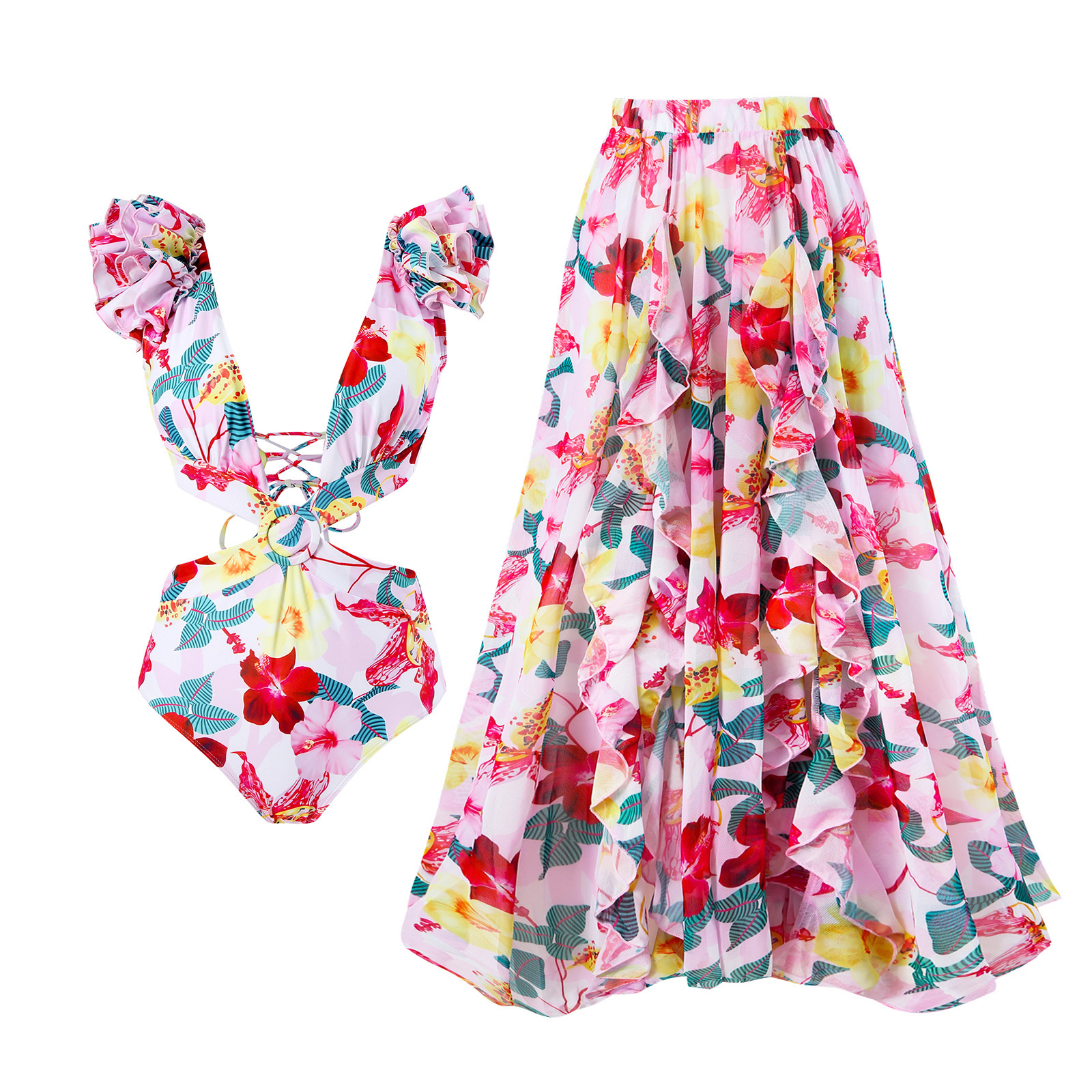 2025 New Bohemian Style jumpsuit, mesh long skirt, beach vacation set, sun protection multi-color swimsuit for women