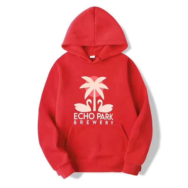 Echo Park Brewery Graphic Hoodie: Mens Unisex Sweater with Purple Palm Tree & Swan Design
