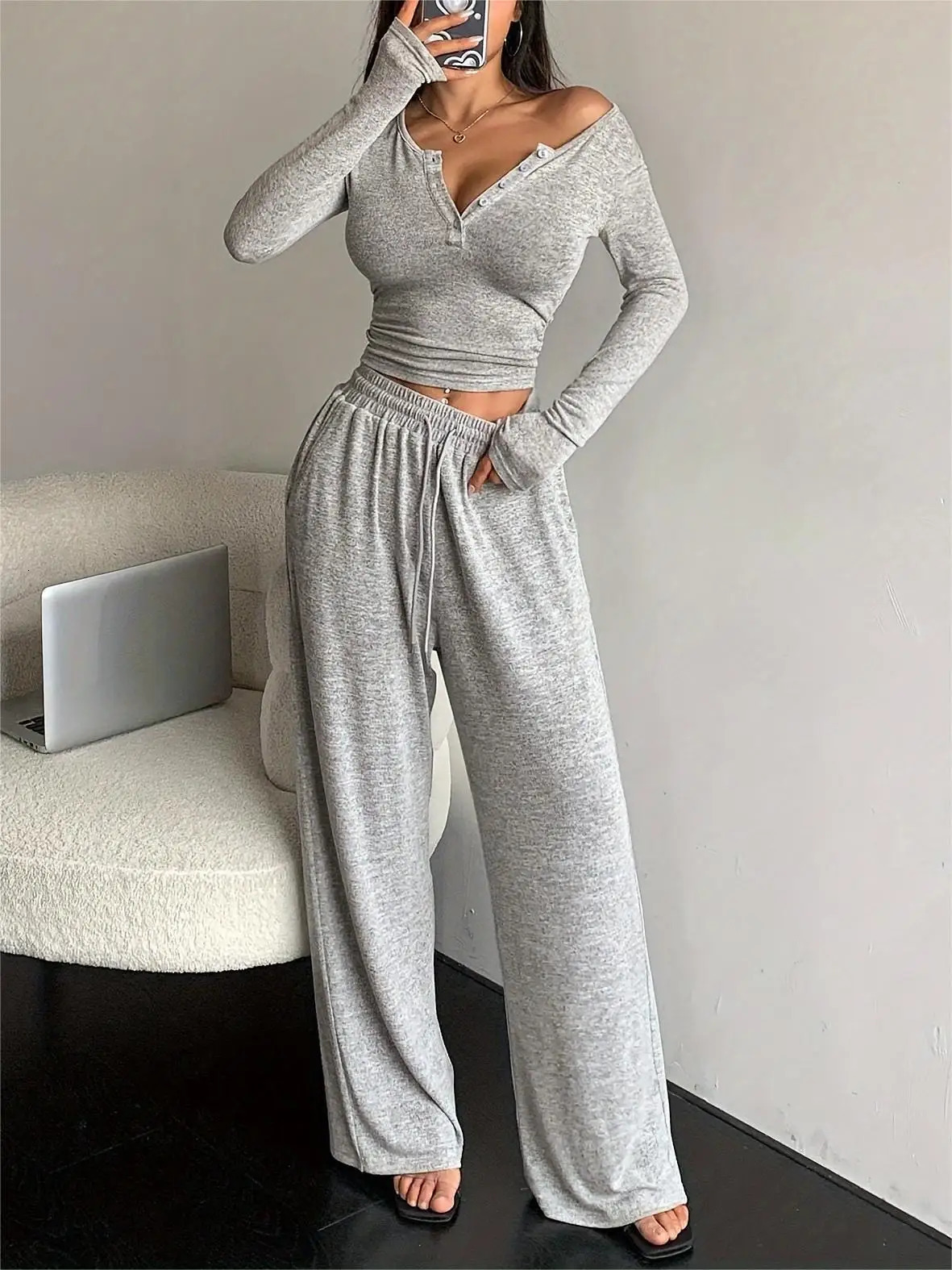Womens 2piece sexy button slim fit Vneck zipper wide leg pants set solid long sleeved Tshirt casual sportswear womens clothing 250403