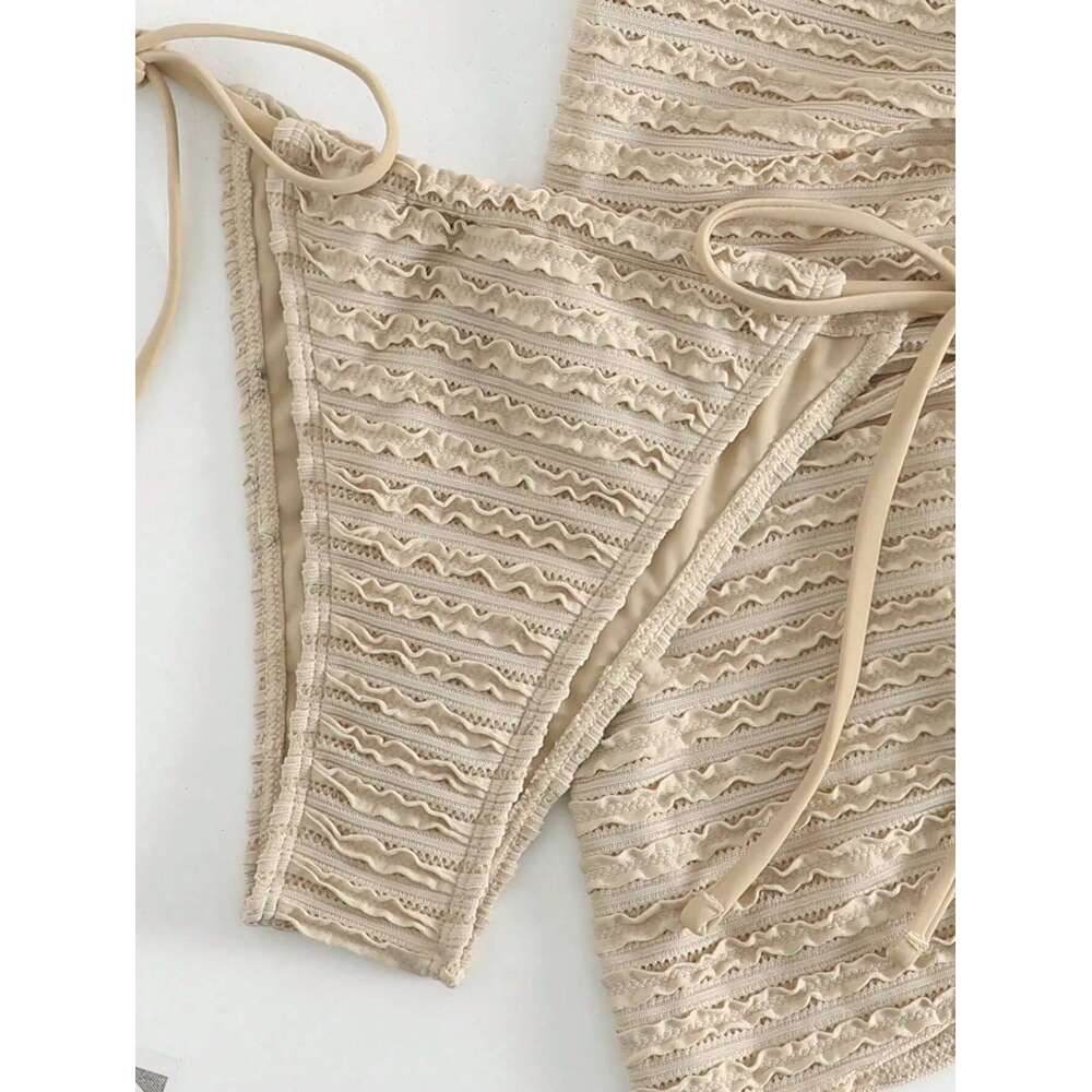 Solid Color Khaki 3-piece Swimsuit for Women,beach Skirt Lace-up Bikini Set,2024 Summer New,beach Vacation Bathing Suit,swimwear