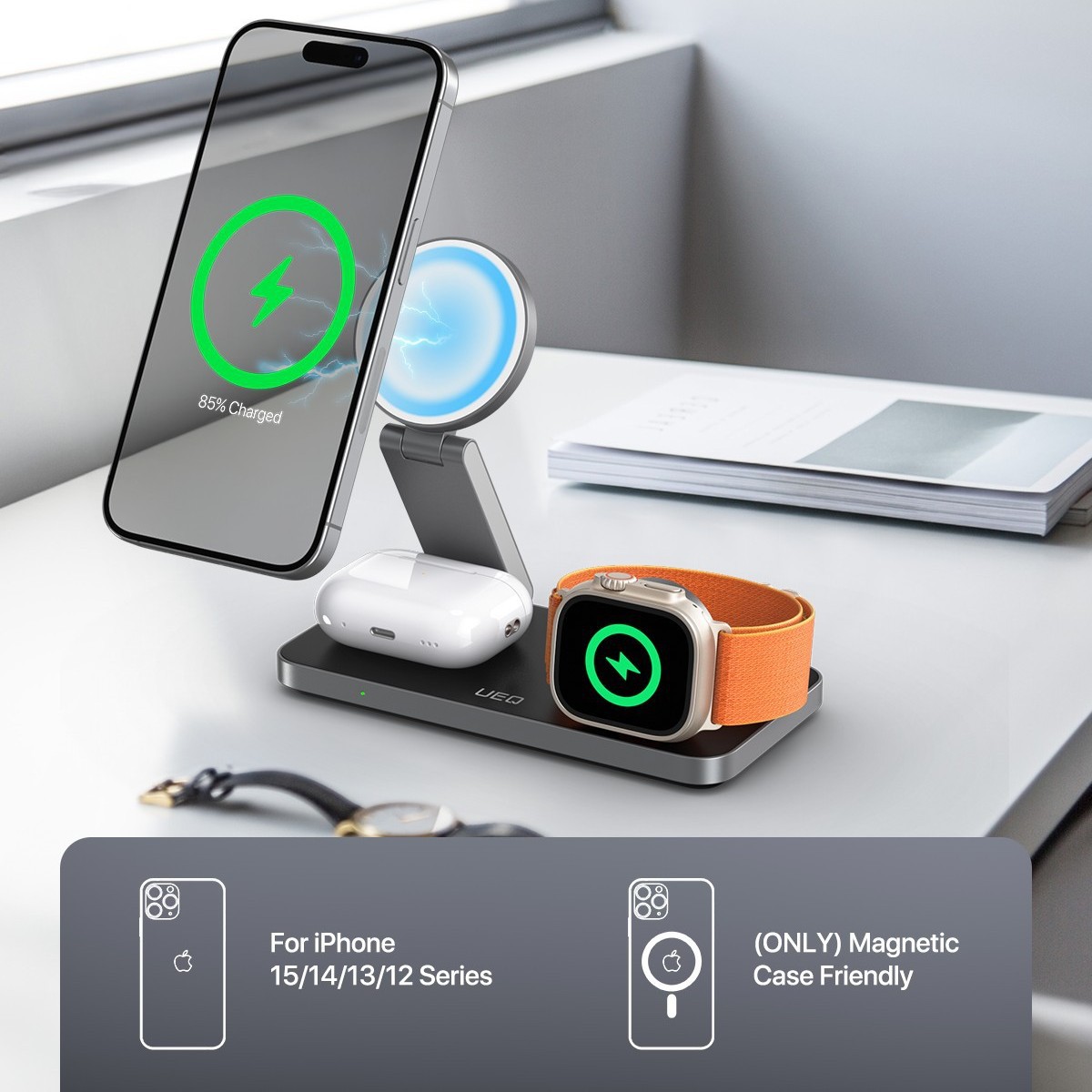 Multi-device Wireless Charger with Magnet: Ideal for Headphones, Smartwatches, Cellphones