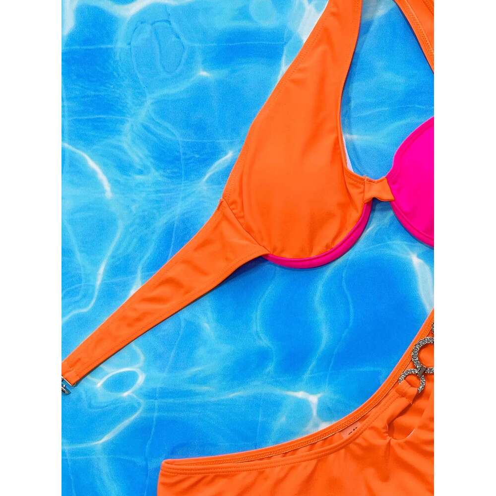 2024 Color Contrast Bikini 2-piece Swimsuit Women Sexy One Shoulder Hollow Out Backless Bathing Suit Low Waist Swimwear Summer