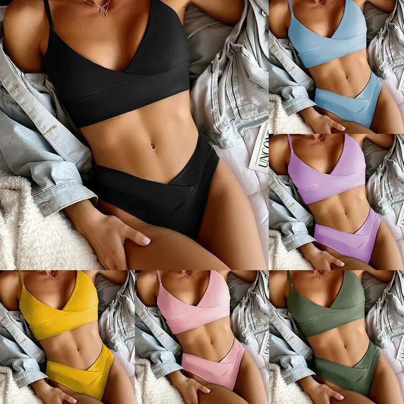 Solid Color Bikini 2024 High Waist 2 Piece Swimsuit Mujer Women V-neck Suspender Bathing Suit Brazilian Push Up Bandage Swimwear