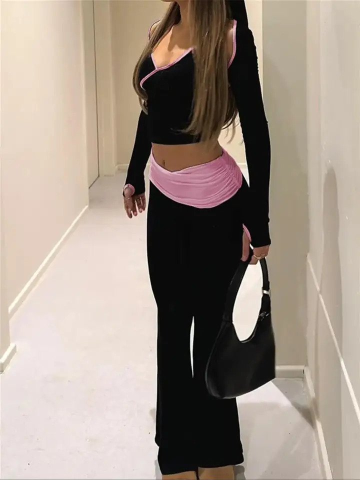 Cuteandpsycho Contrast Color Patch Two Piece Set Y2K Fashion Strap Collar and Trouser Womens Korean Clothing 250402