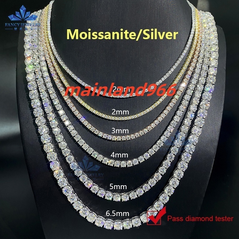 2MM 3MM 4MM 5MM 6.5MM 10MM Moissanite Tennis Chain Hip Hop Iced Out D Color VVS 925 Sterling Silver Mossanite Tennis Necklace