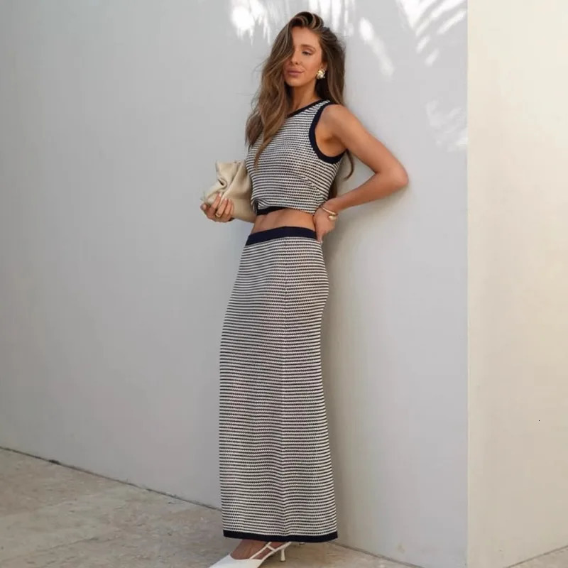 Tuularose Knitted Dress Two Piece Set Womens Knitted Sleeveless Striped Tank Top Ultra Thin Long Skirt Set Fashion Sexy Matching Set 250402