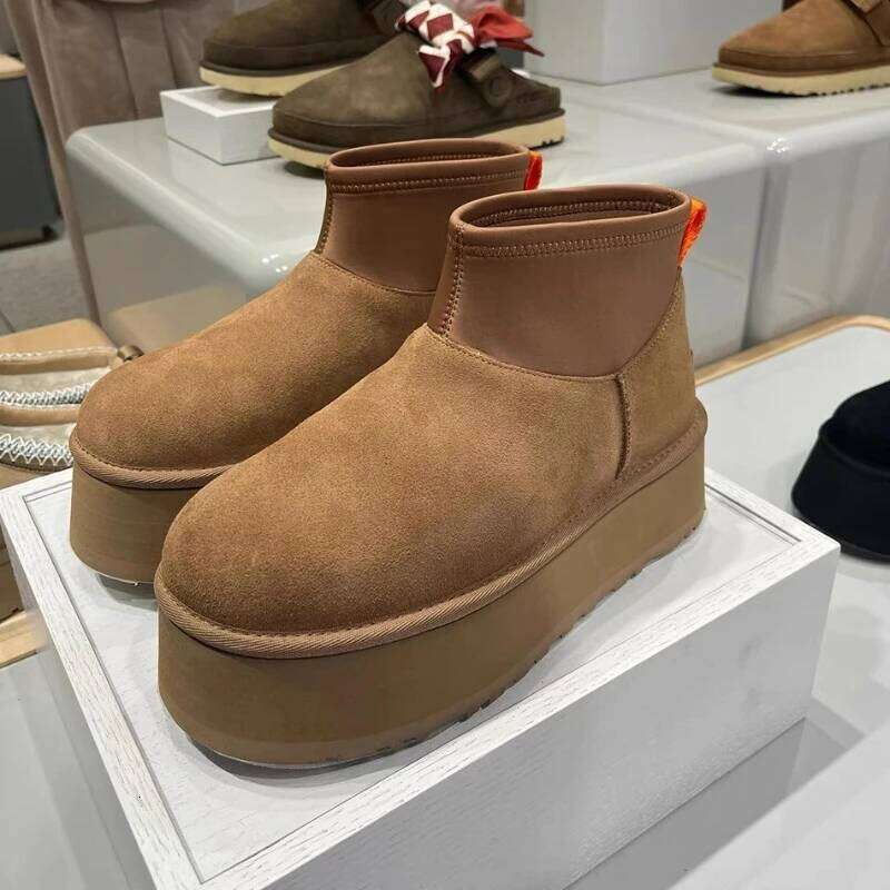 2025 Women's Winter Thick Bottom Heightening Mini Short Fur Leather Snow Boots Round Toe TPR Shoe Heel Other Pattern Solid Color