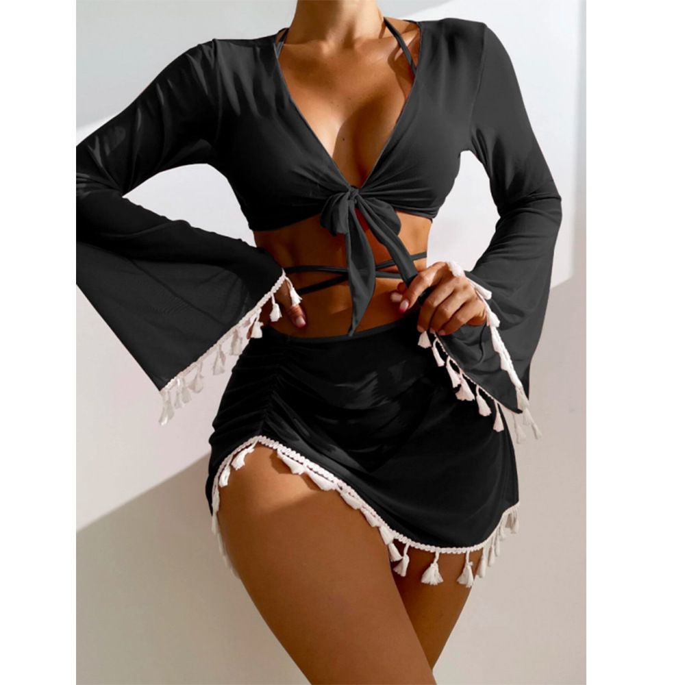 Fashionable trumpet long sleeved hooded shirt with tassel edge short skirt, split triangle sexy bikini four piece swimsuit for women