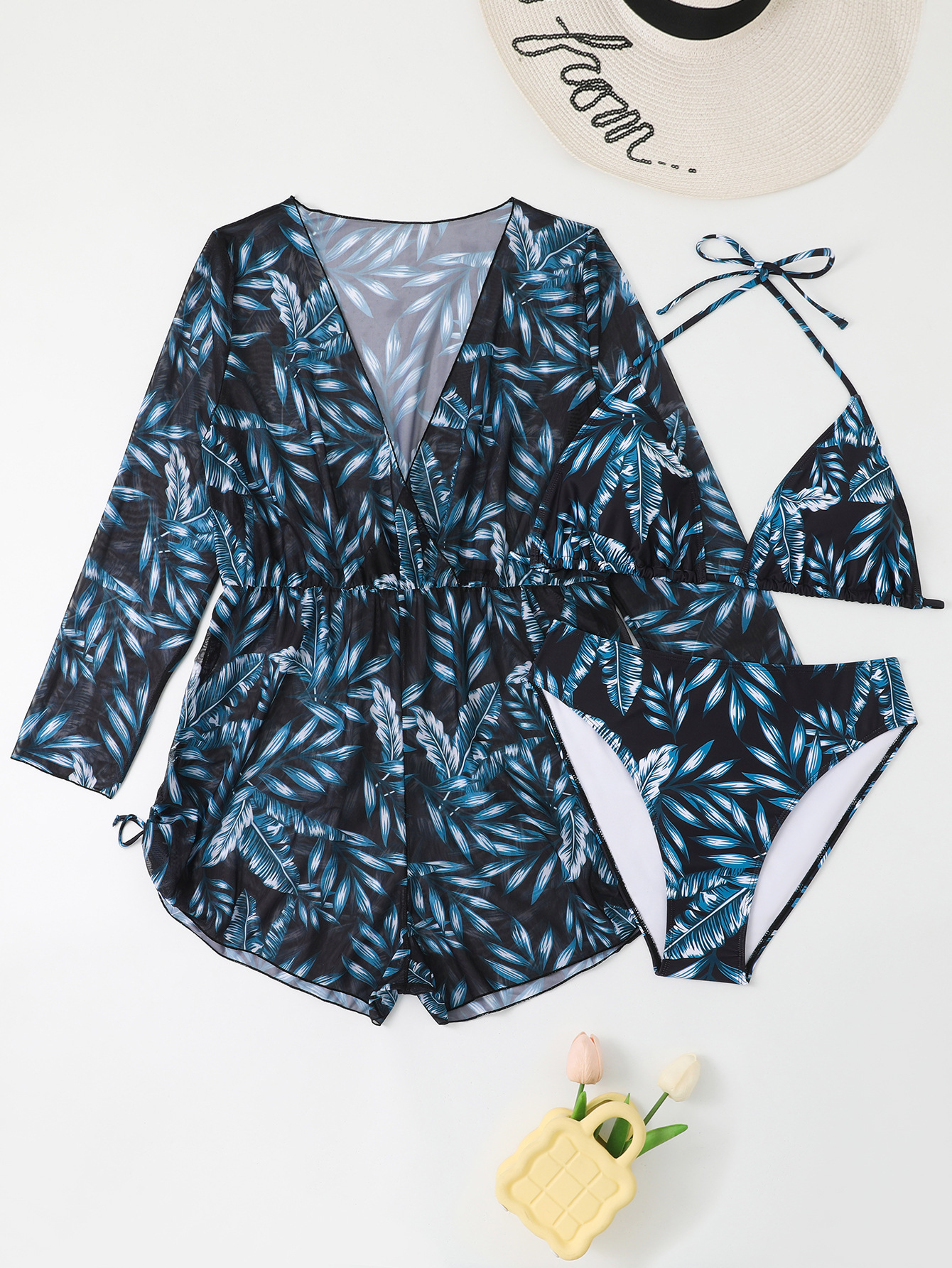 Large size multi-color printed long sleeved jumpsuit with mesh cover, sexy bikini fat woman three piece set women's swimsuit