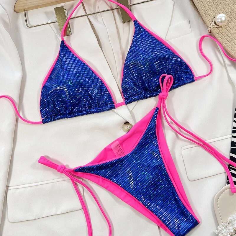Sexy Blue Shiny Swimsuit 2024 Women 2 Piece Bikini Suspender Triangle Cup Swimwear Beach Bathing Suit Low Waist Thong Monokini