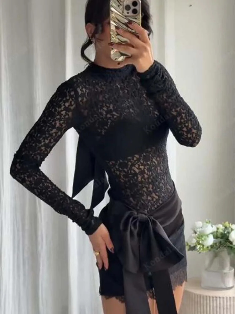 Chic Fashion Bow Splicing Lace Mini Skirts Two Piece Sets For Women Bodysuits Top Womens Suits Elegant Woman Outfits 251106