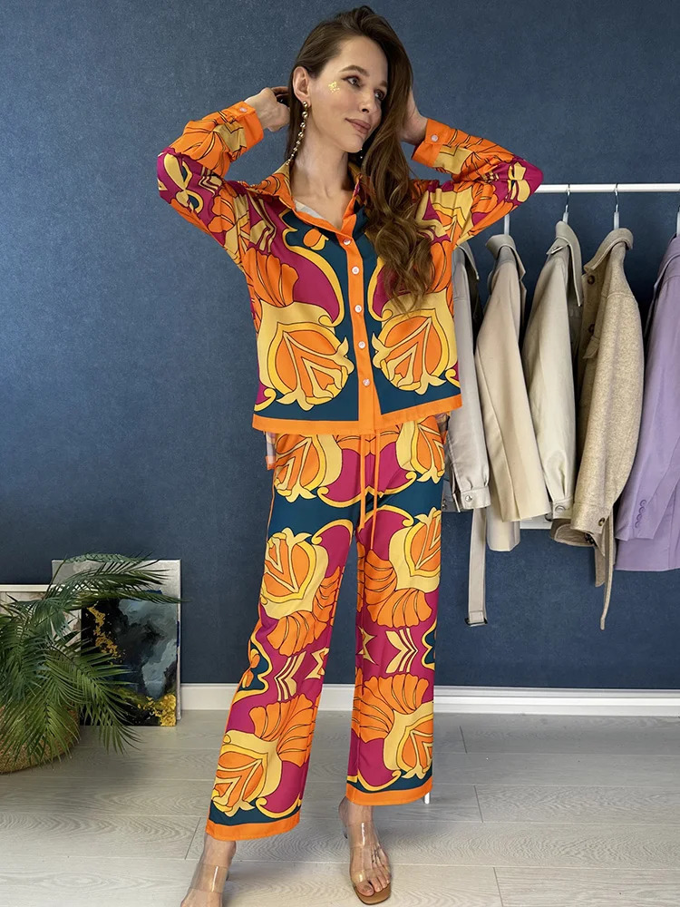 2piece womens loose single button bat sleeping bag printed shirtwide leg elegant waist pants spring set 250403