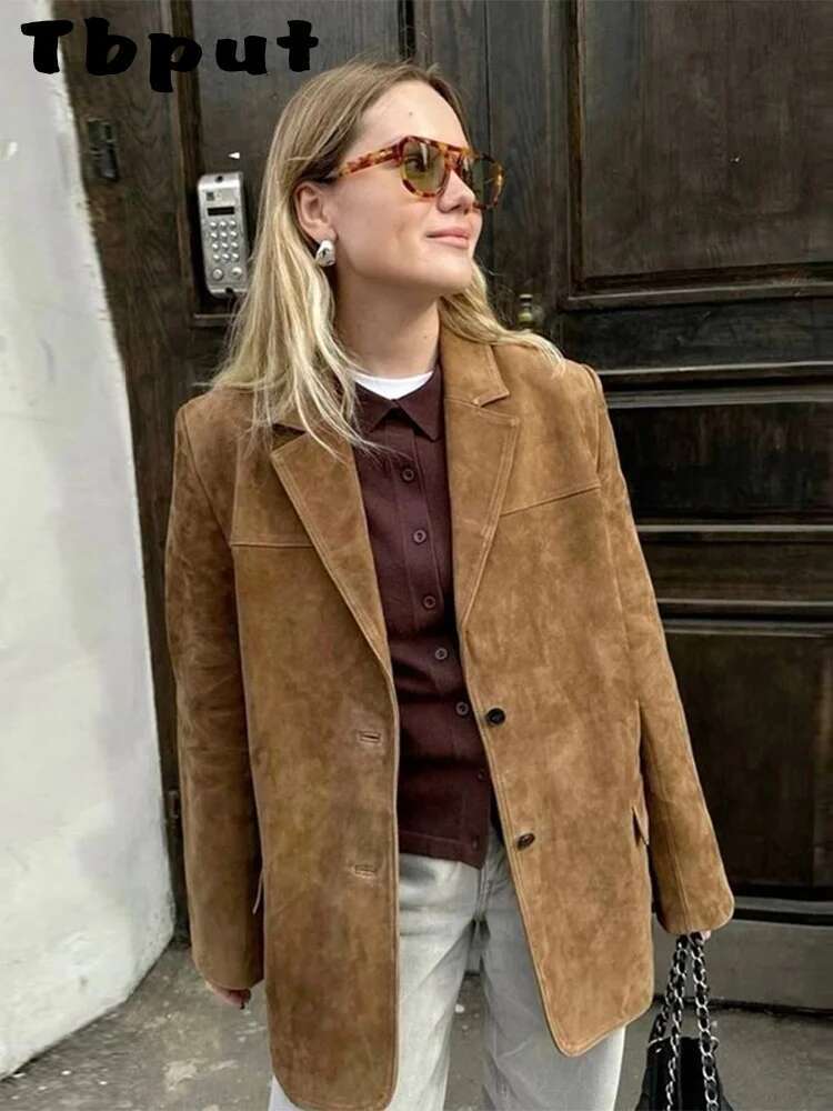 Vintage Women's Suede Leather Jacket Single Breasted Lapel Brown Blazer Loose Coats 2025 Spring Office Lady Outerwears