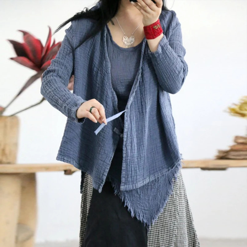 Johnature Retro V-neck Linen Lace Up Shirts Autumn Loose Leisure Fashion Women Tops 3 colors Cardigan Shirts 250402