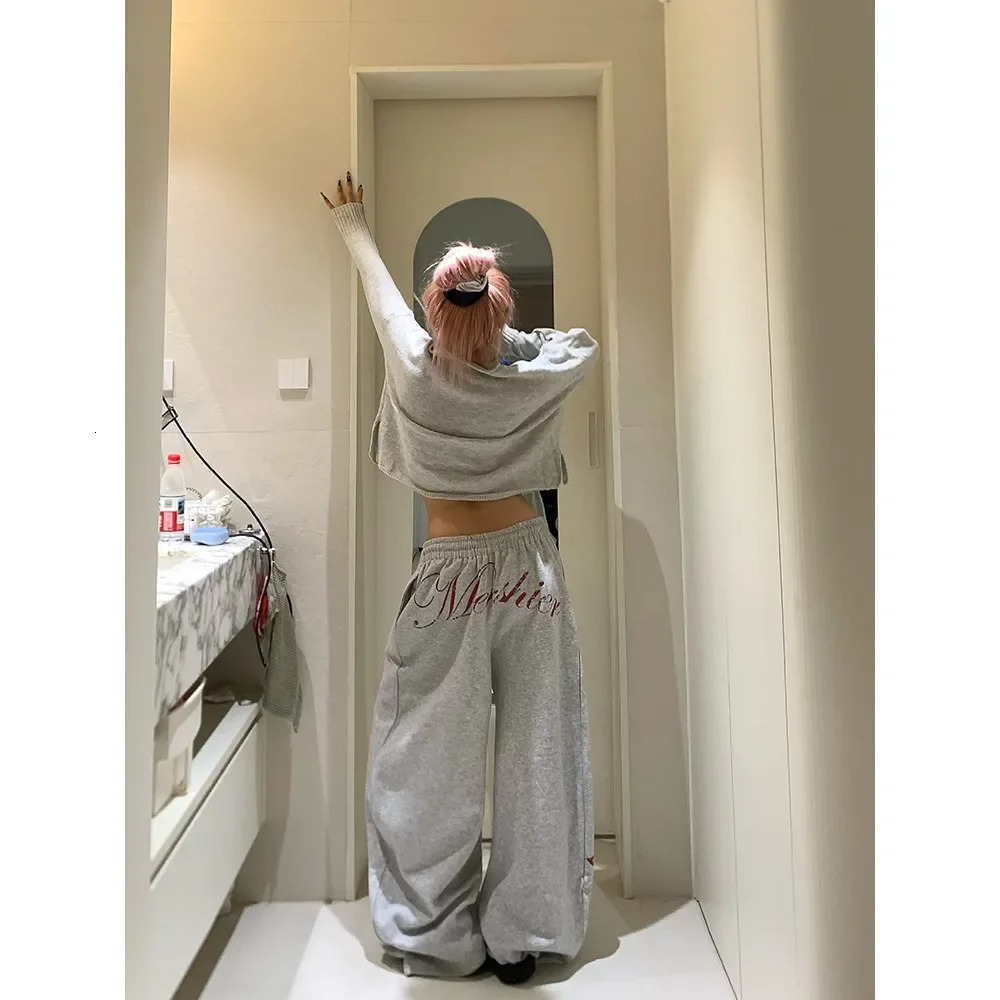 Summer White Drawstring Womens Sweatpants High n Printed Wide Leg Casual Sports Pants Street Style Trousers Z260314