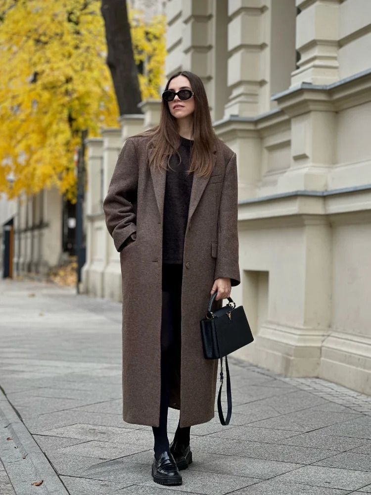 Brown Shoulder Pad Wool Blend Overcoat Women Elegant Lapel Singlebreasted Long Sleeve Coat Autumn Lady Outerwear 251028