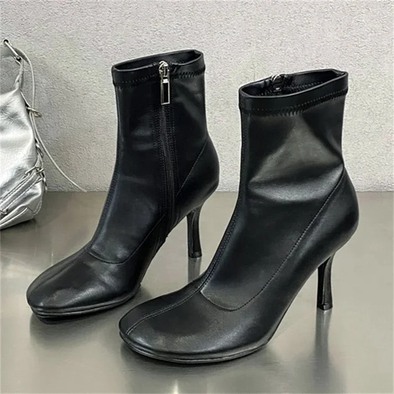 Spring Autumn SEXY Round Toe Women Ankle Boots Concise Thin High Heels Shoes Fashion Side Zipper Short Booties 251105