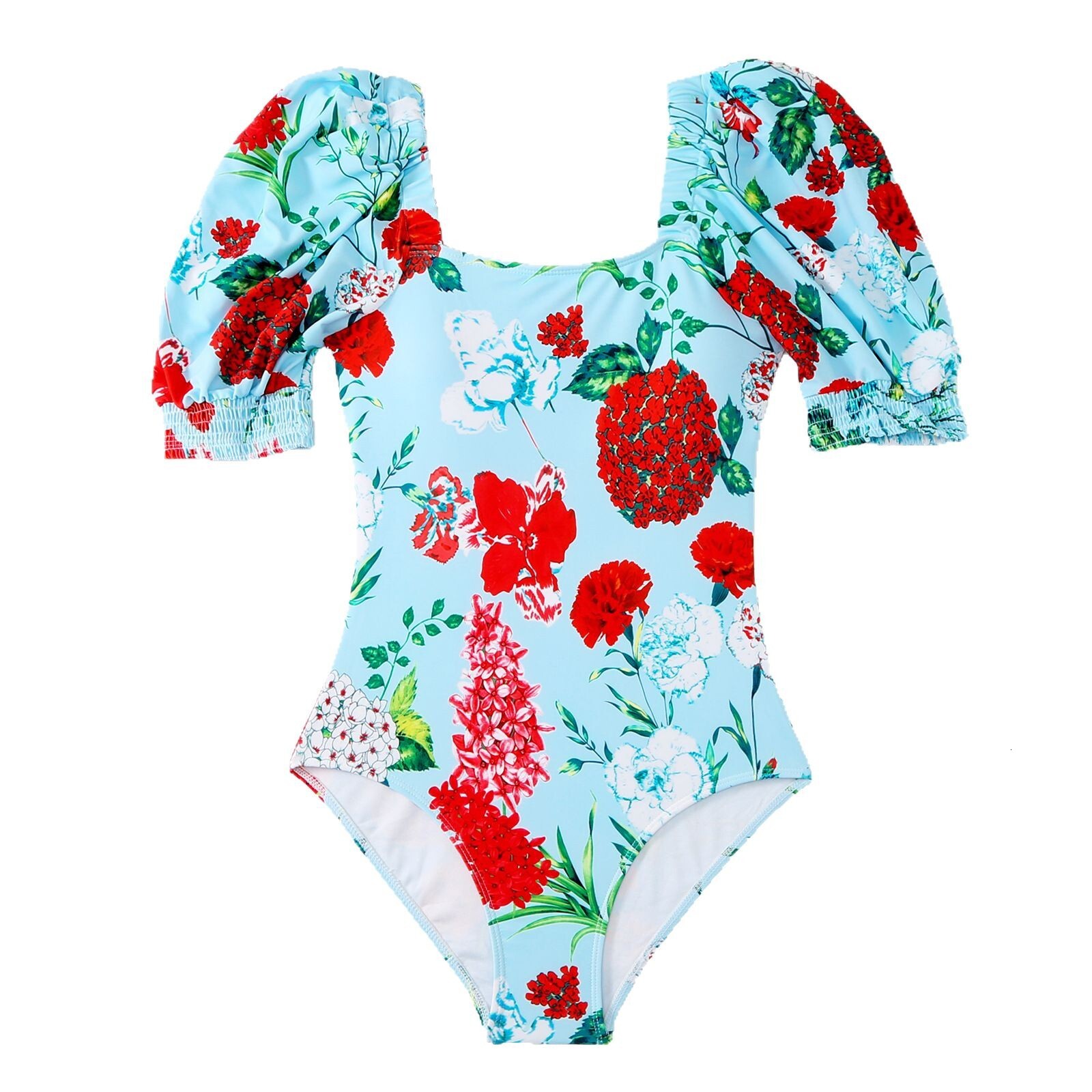 New printed one-piece swimsuit with bubble sleeves for women, slim fit, belly covering, conservative swimming outfit