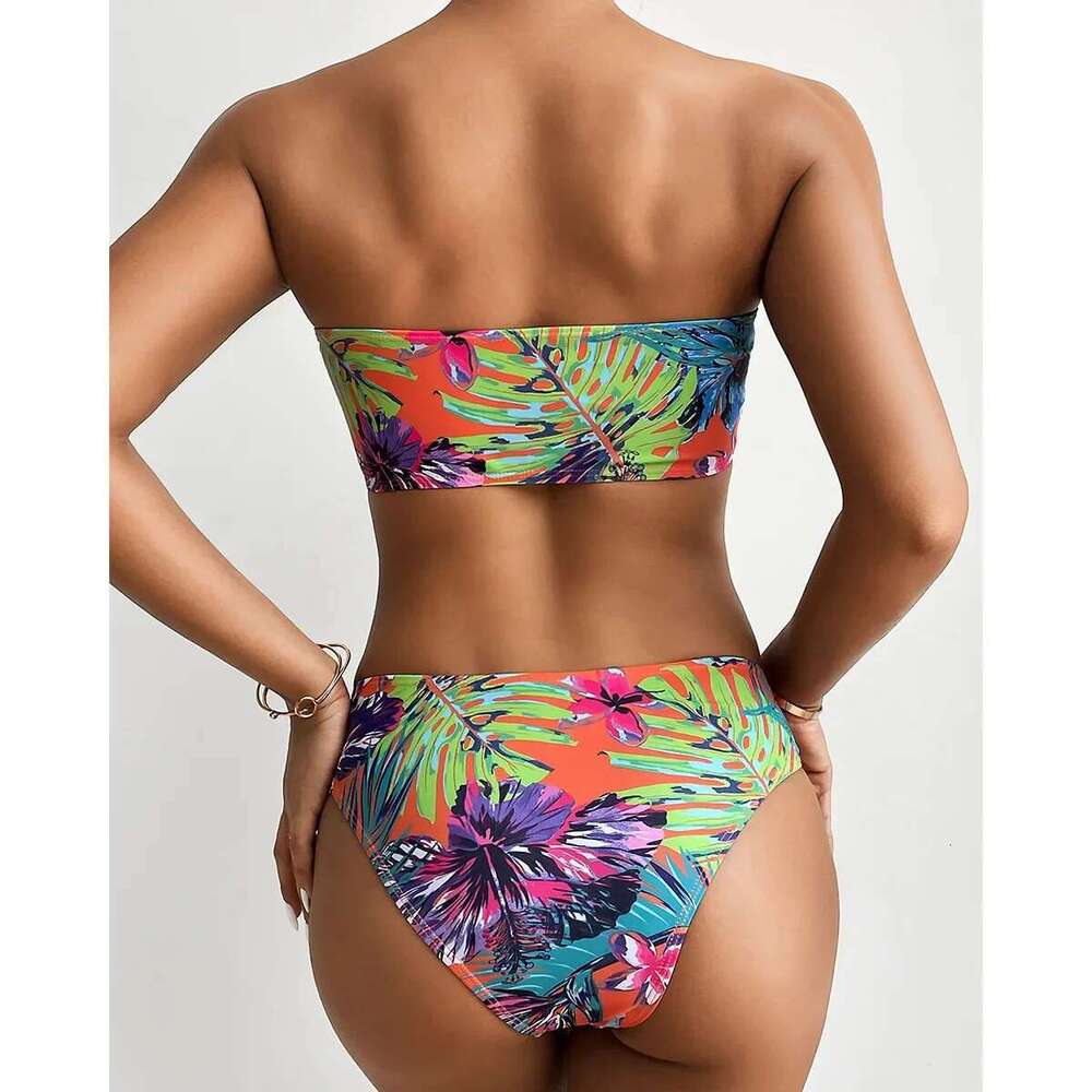Bandeau Bikini 2024 Woman Sexy Print Two Piece Swimsuit Off Shoulder Backless Swimwear High Waist Bathing Suit Summer Beachwear