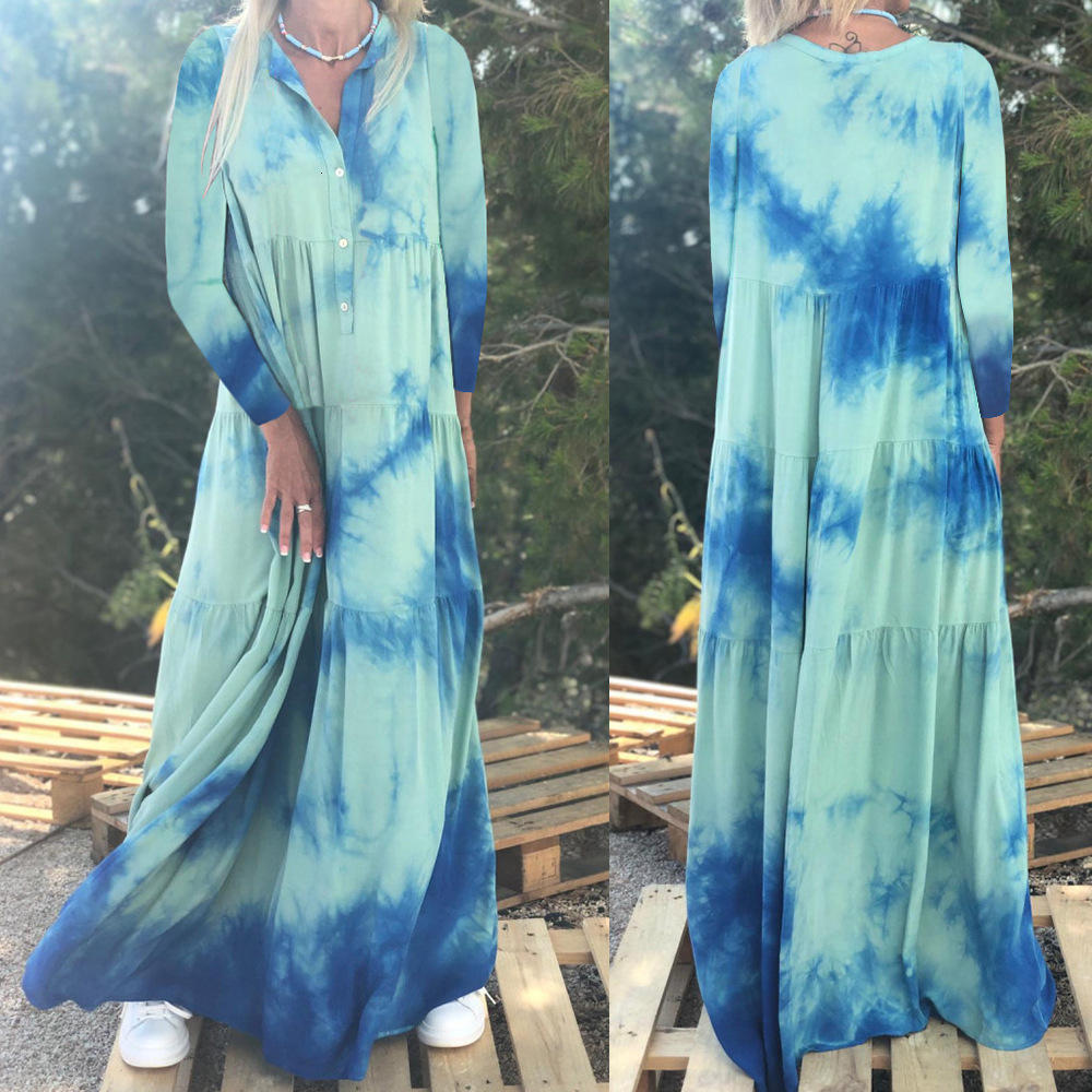 2025 Spring/summer New Dress Printing and Dyeing Collar Long Sleeve Temperament Gradient Big Swing Long Dress