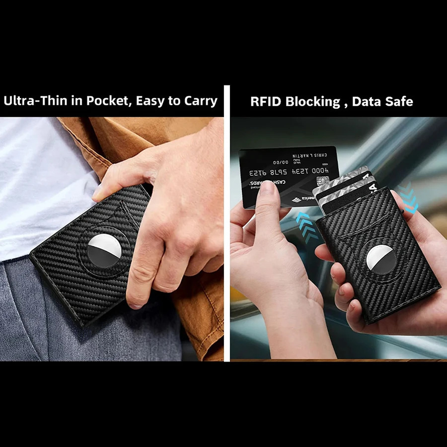 Mens Carbon Fiber Magnetic Card Clip Leather RFID Triple Fold Card with Zipper Wallet Pop Up Smart AirTag Wallet 251105
