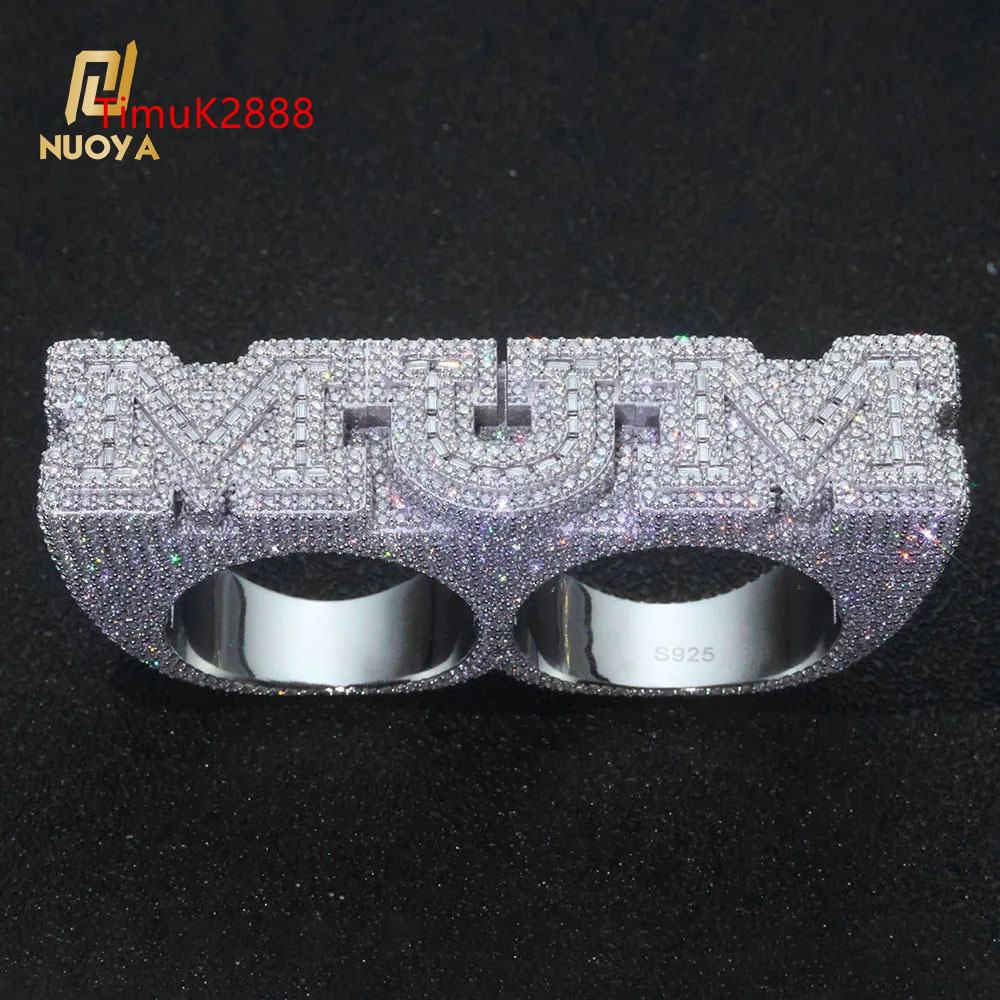 NUOYA 925 Silver Personalization Custom Letter Double Finger Ring Iced Out VVS Moissanite Luxury Hip Hop Fine Jewelry